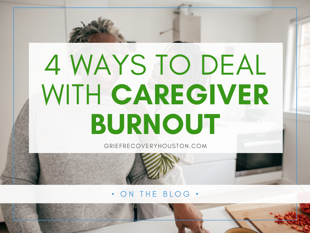 A graphic that reads "4 Ways to Deal with Caregiver Burnout" in green text over a stock photo of an older Black man and a middle aged Black woman standing in a kitchen next to each other, smiling.