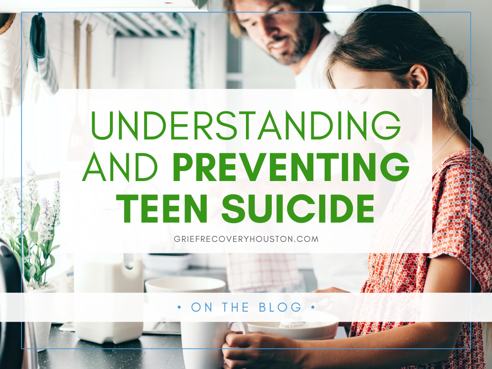 A graphic that reads "Understanding and preventing teen suicide" over a stock photo of a white father and daughter at a kitchen counter