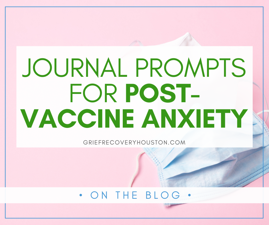 blue and white masks laying on pink background under a partially transparent white block where Journal Prompts for Post-Vaccine Anxiety is written in green