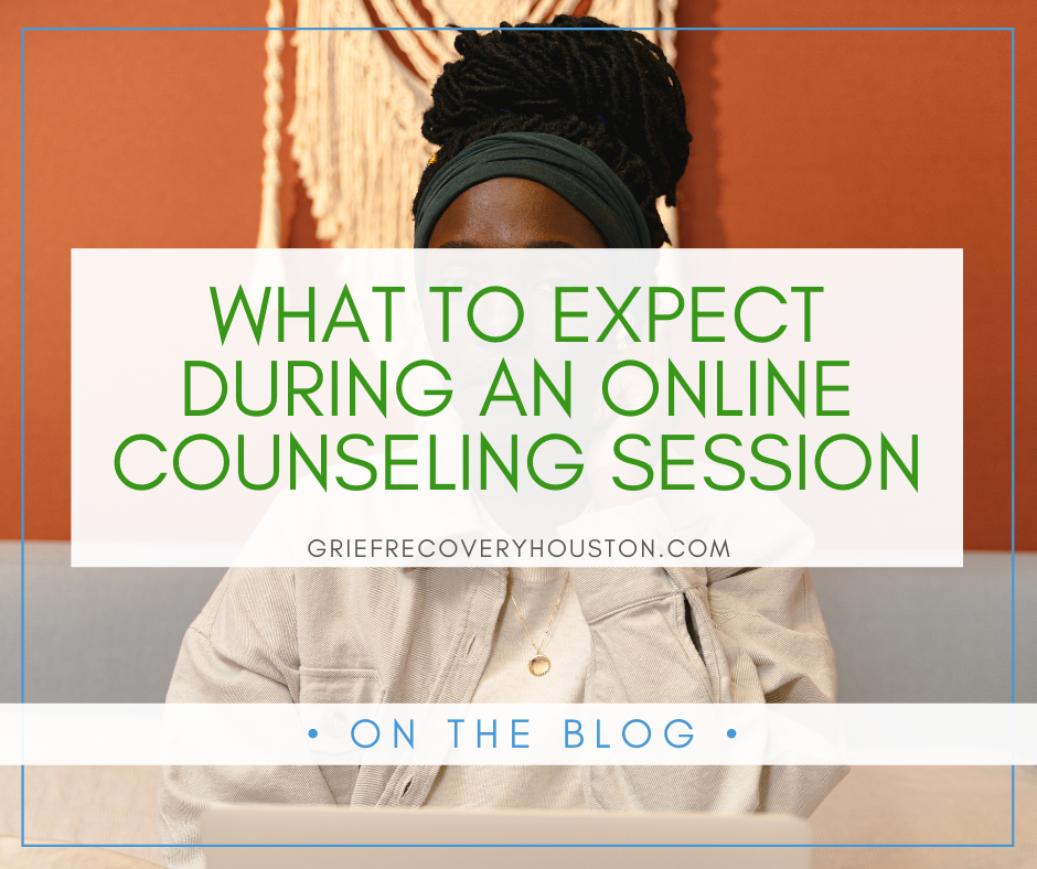 A graphic that reads "What to Expect During an Online Counseling Session" in green text on a partially transparent white rectangle, over a stock photo of a Black woman sitting in front of an orange wall, with her laptop in front of her.