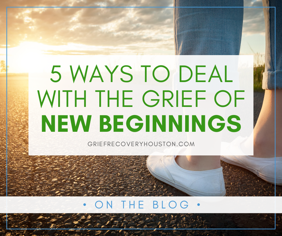 A graphic that reads " 5 Ways to Deal With the Grief of New Beginnings" over a stock photo of a person's feet on an asphalt road with the sun rising in the background.