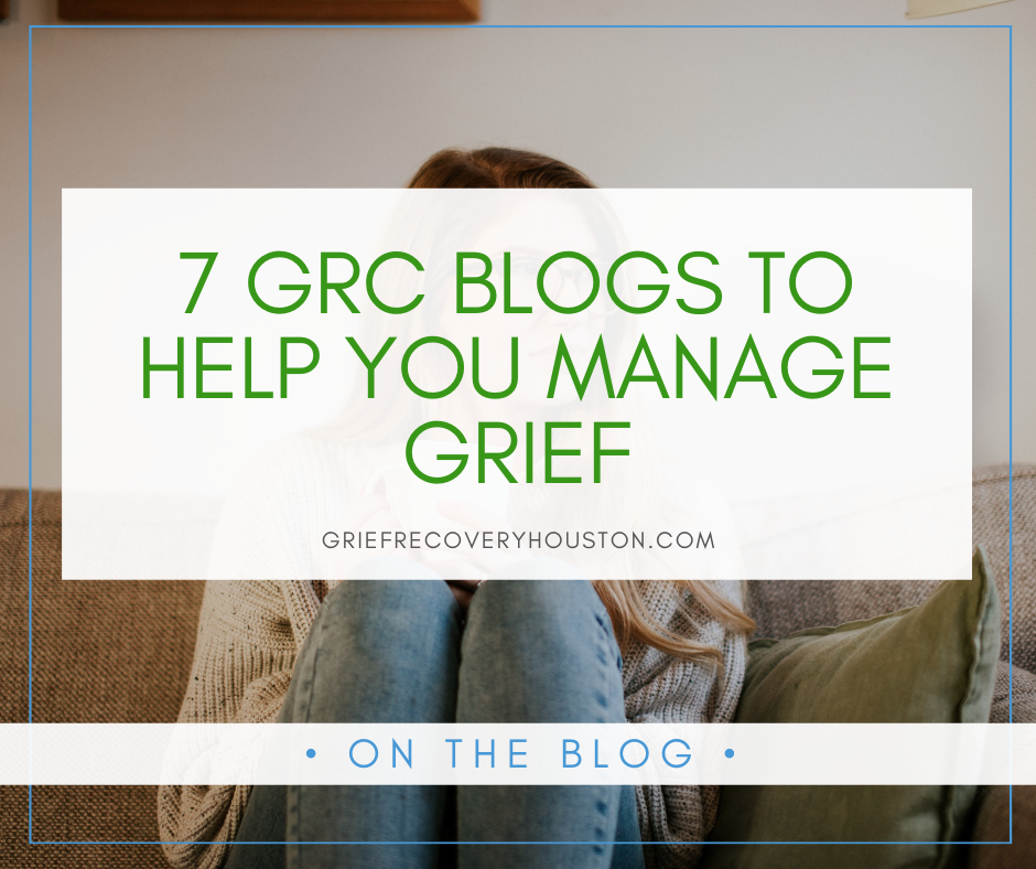 A graphic that reads "7 GRC Blogs to Help You Manage Grief" above a stock photo of a woman sitting on a couch with her legs tucked up.
