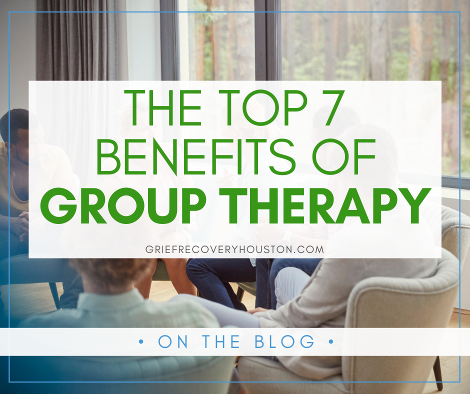 Graphic that reads "The Top 7 Benefits of Group Therapy" on a semi-transparent white overlay over a photo of a group of people in a therapy group.