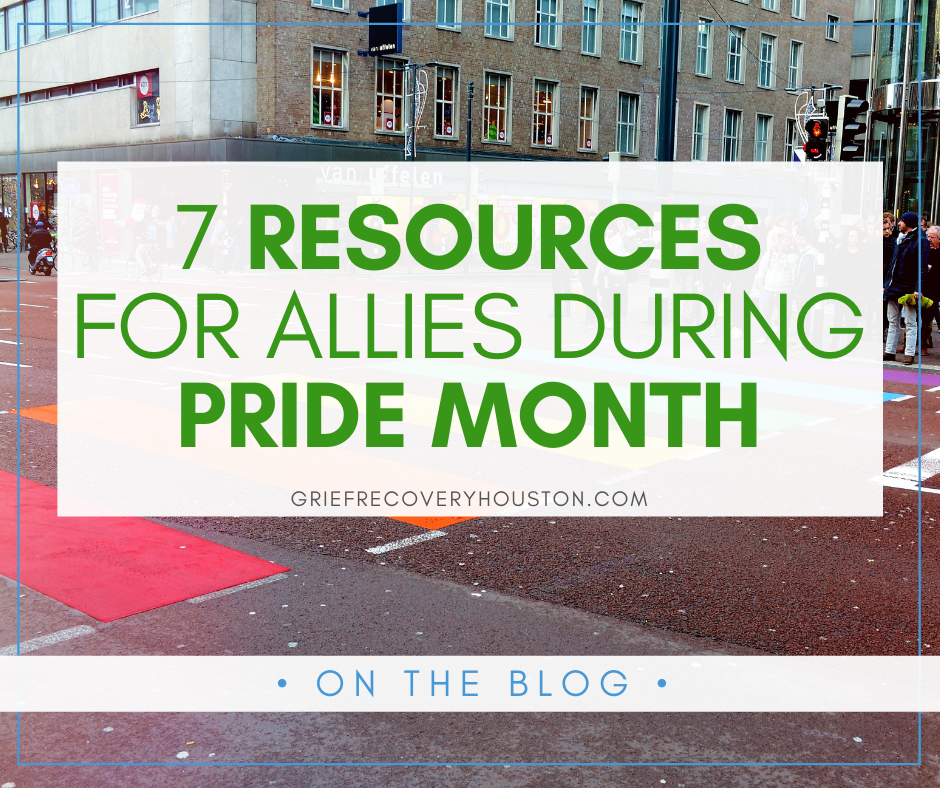 image of a city street with the crosswalk painted rainbow under the words 7 Resources for Allies During Pride Month